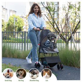 Foldable Pet Stroller, Small Dog Cat Stroller with Storage Basket for Small Puppies, Gray and Black - As Picture